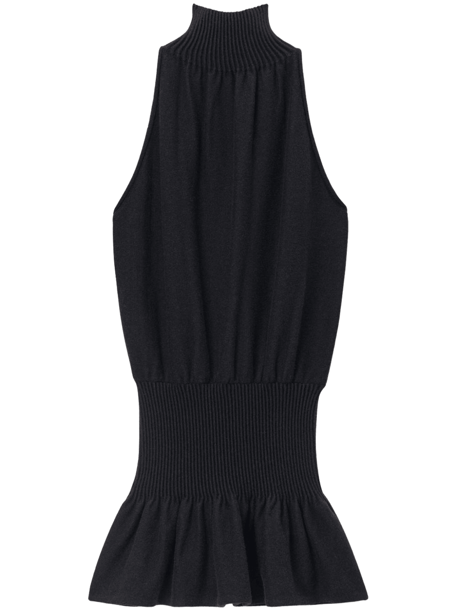 Ruched turtleneck halter dress with flared skirt
