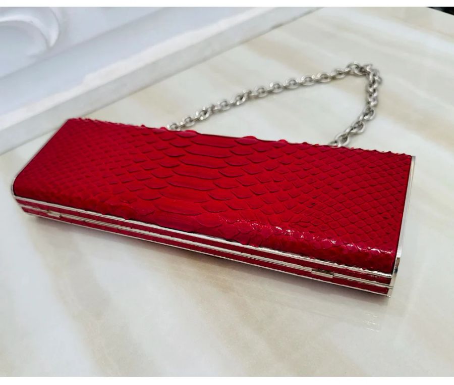 Red Snakeskin Python Box Chain Clutch — view 3