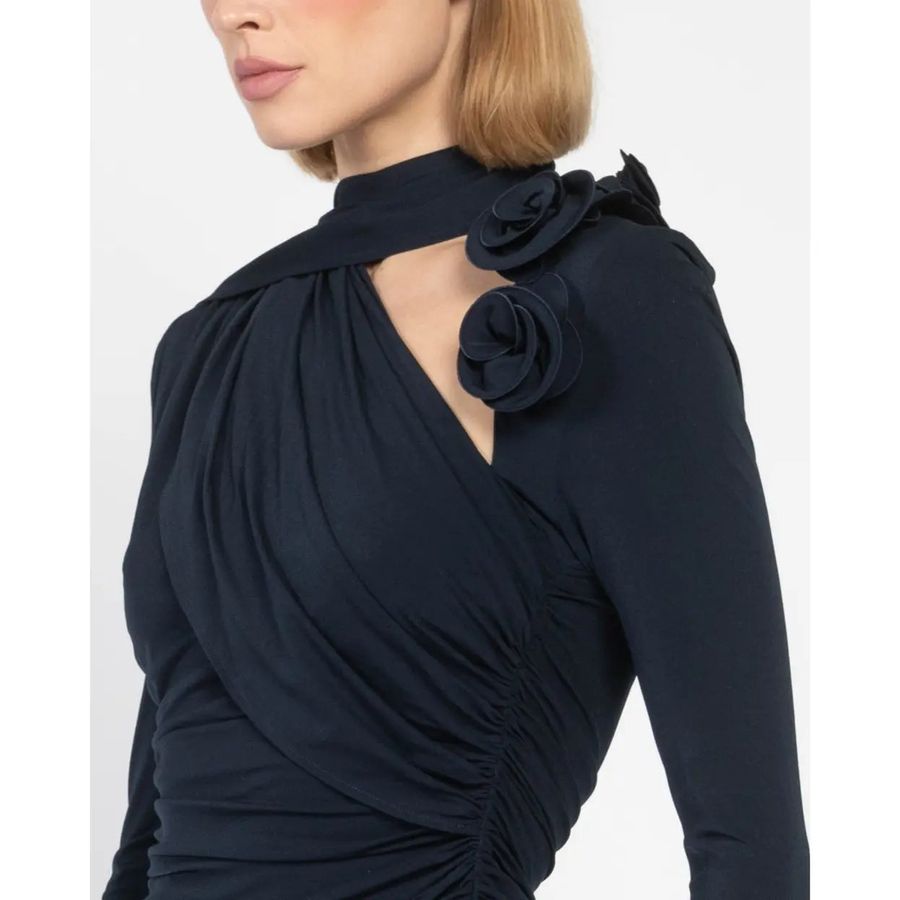 Floral-Appliqué Draped Midi Dress — view 2
