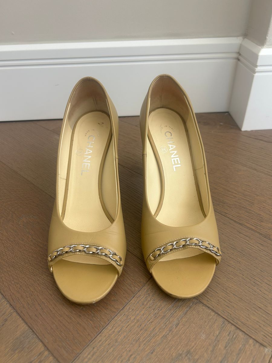 Beige Calfskin Leather Open Toe Pumps — view 2