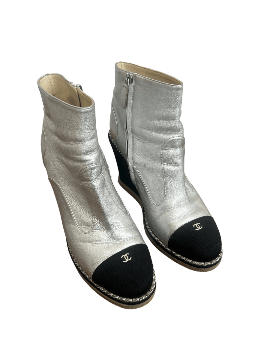 Wedge Leather Boots Silver 